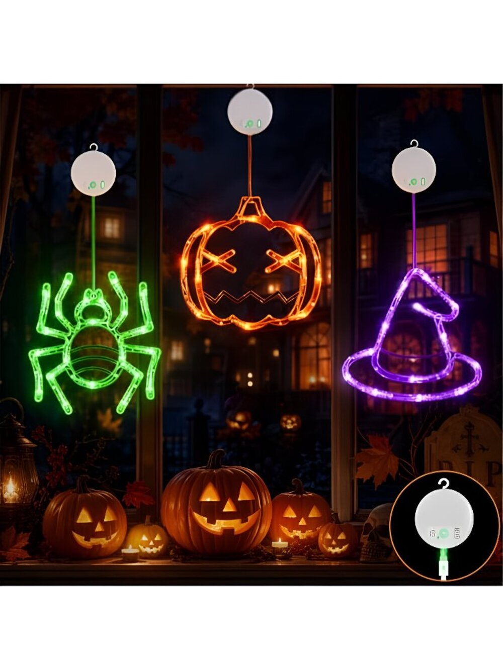 Rechargeable Pumpkin Spider Witch Halloween Window Lights, 3 Pack
